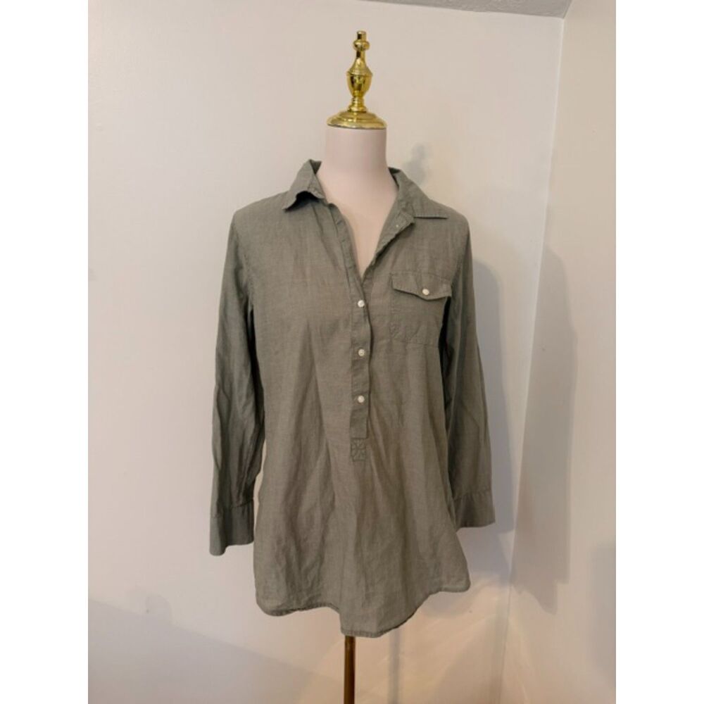 J.Crew Cotton Popover Tunic Shirt Women S Sage Olive Roll Tab Long Sleeve